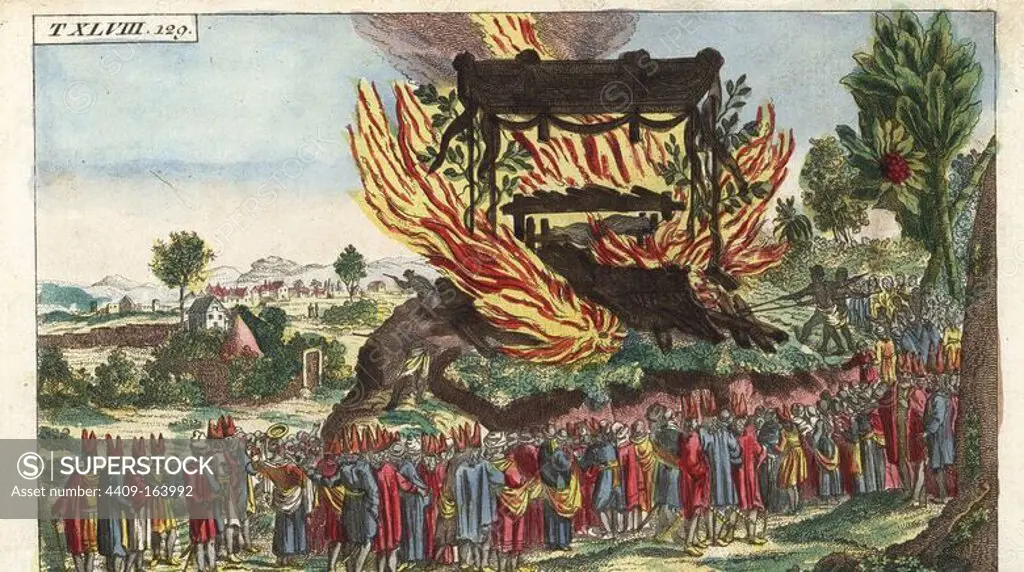 Sinhalese funeral procession and cremation of a pepper-embalmed corpse. Handcolored copperplate engraving from G. T. Wilhelm's "Encyclopedia of Natural History: Mankind," Augsburg, 1804. Gottlieb Tobias Wilhelm (1758-1811) was a Bavarian clergyman and naturalist known as the German Buffon.