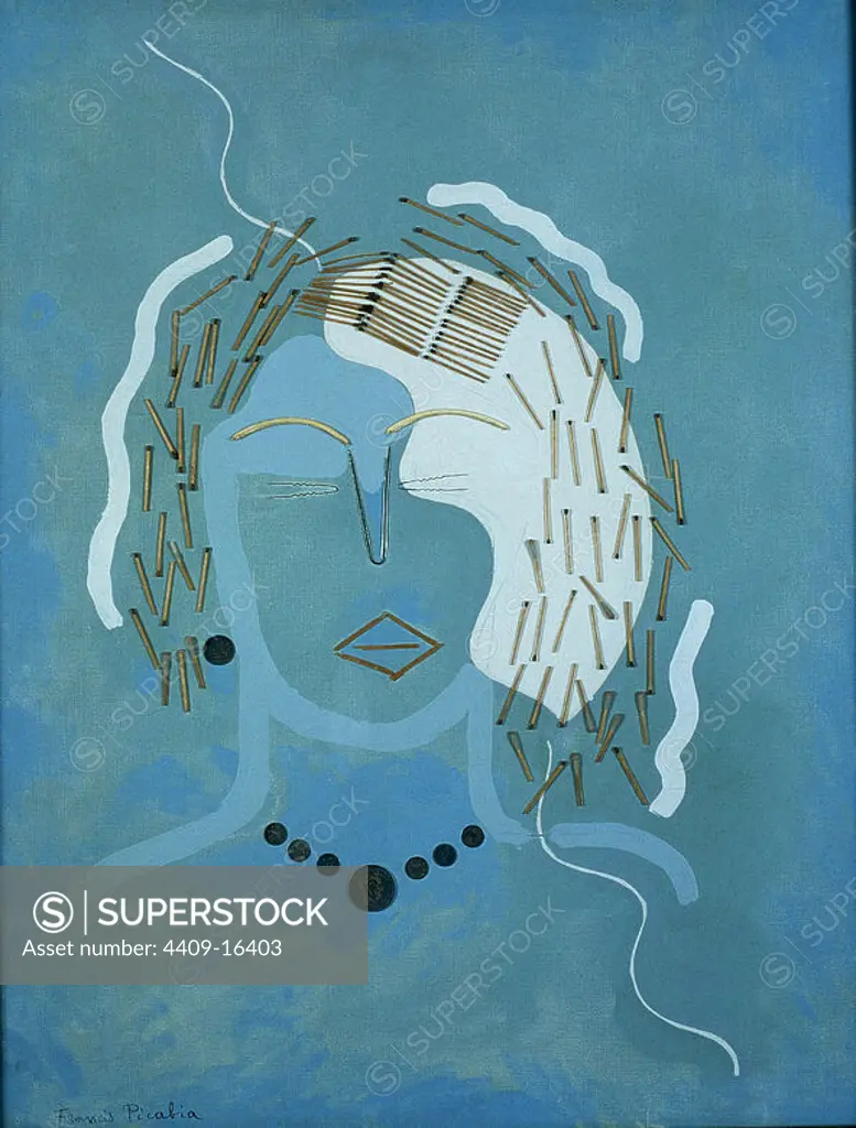 Spanish school. Woman with Matches. Mujer con pelo de cerillas. 1920. Oil on canvas with wooden match sticks, hairpins, coins, leather, hair rollers, and string (92.1 x 73.3 cm). Chicago, The Art Institute. Author: Francis Picabia.