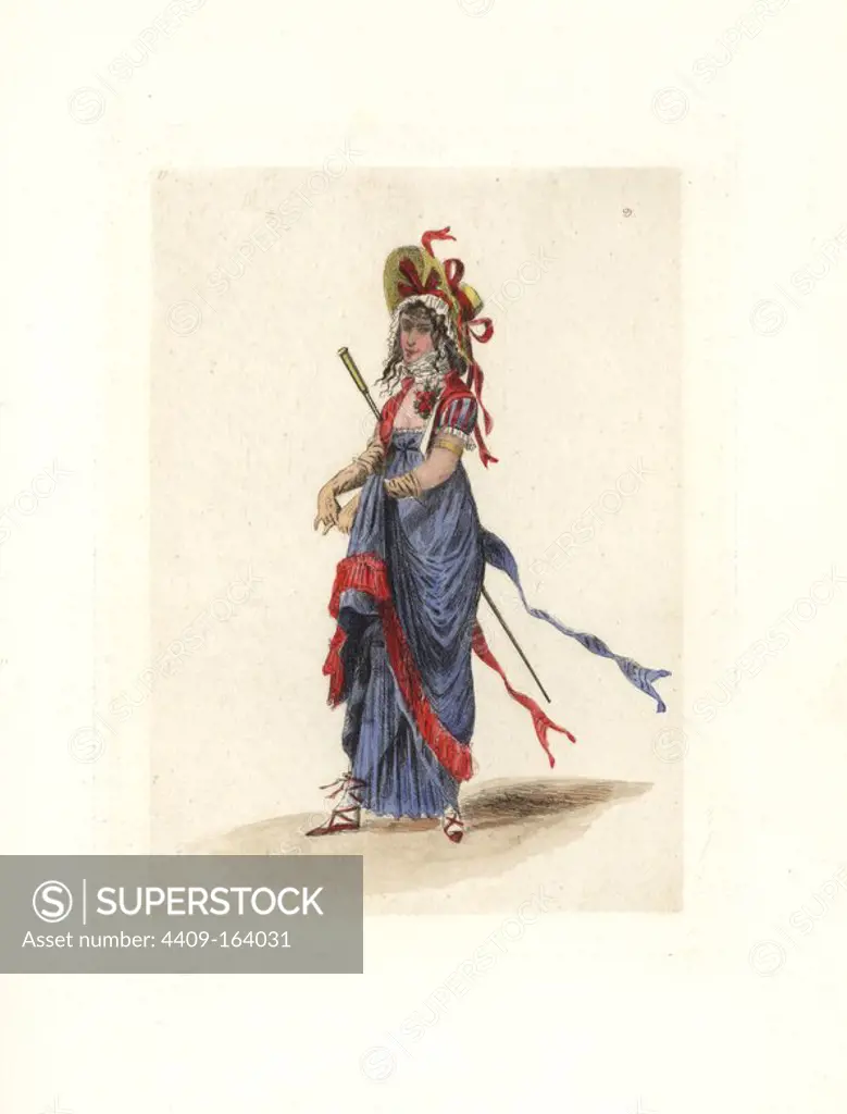 Costume of madame Henguerlot, merveilleuse. She wears a Greek robe in silk, spencer a la Jockey, English bonnet with ribbons, wig with loose strands a la victime, and an Incroyable's cravat. Her thin gauze slip reveals her beautiful legs. Handcoloured etching by Auguste Etienne Guillaumot Jr. from "Costumes of the Directory," Rouquette, Paris, 1875. The etchings were made from designs by Eugene Lacoste and Draner after prints of the era 1795-99. The costumes are from theatre productions "Merveilleuses" and "Pres Saint-Gervais" by Victorien Sardou.