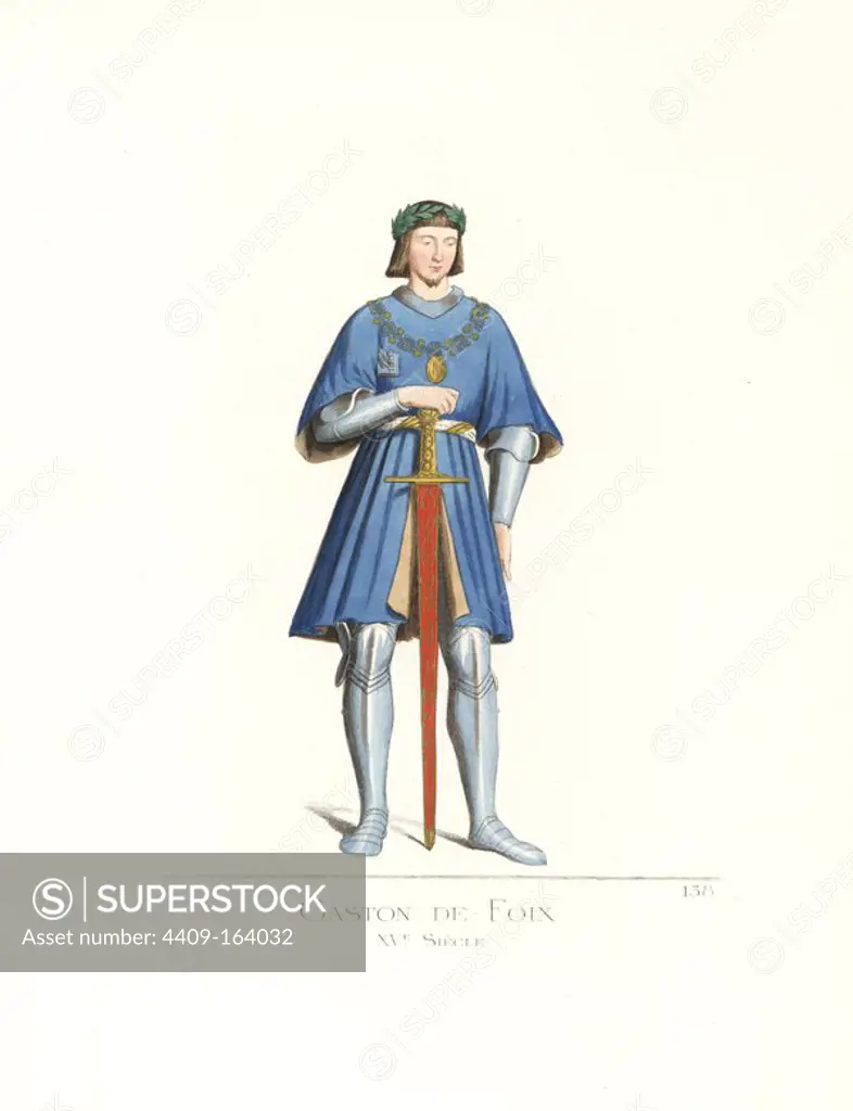 Gaston de Foix, duc de Nemours (14891512), French military commander famous for his campaign during the War of the League of Cambrai. He wears a laurel wreath, a blue tunic over a suit of armour, and rests his hand on a sword. From a sculpture by Agostino Busti preserved in the Pinacoteca di Brera, Milan (now in Sforza Castle). Handcoloured illustration drawn and lithographed by Paul Mercuri with text by Camille Bonnard from "Historical Costumes from the 12th to 15th Centuries," Levy Fils, Paris, 1861.