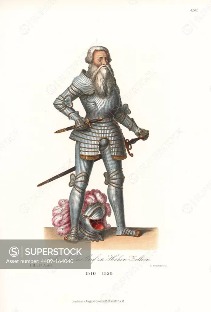 Johann or Jos Niklaus, Count of Hohenzollern in Hohenzollern, 1513-1558. He wears a suit of armour trimmed in gold, steel codpiece, carries a sword and dagger, with a pink plumed helm at his feet. From a parchment volume with coloured portraits of the counts of Hohenzollern from 801 to 1610. Chromolithograph from Hefner-Alteneck's "Costumes, Artworks and Appliances from the Middle Ages to the 17th Century," Frankfurt, 1889. Illustration by Dr. Jakob Heinrich von Hefner-Alteneck, lithographed by C. Regnier. Dr. Hefner-Alteneck (1811-1903) was a German museum curator, archaeologist, art historian, illustrator and etcher.