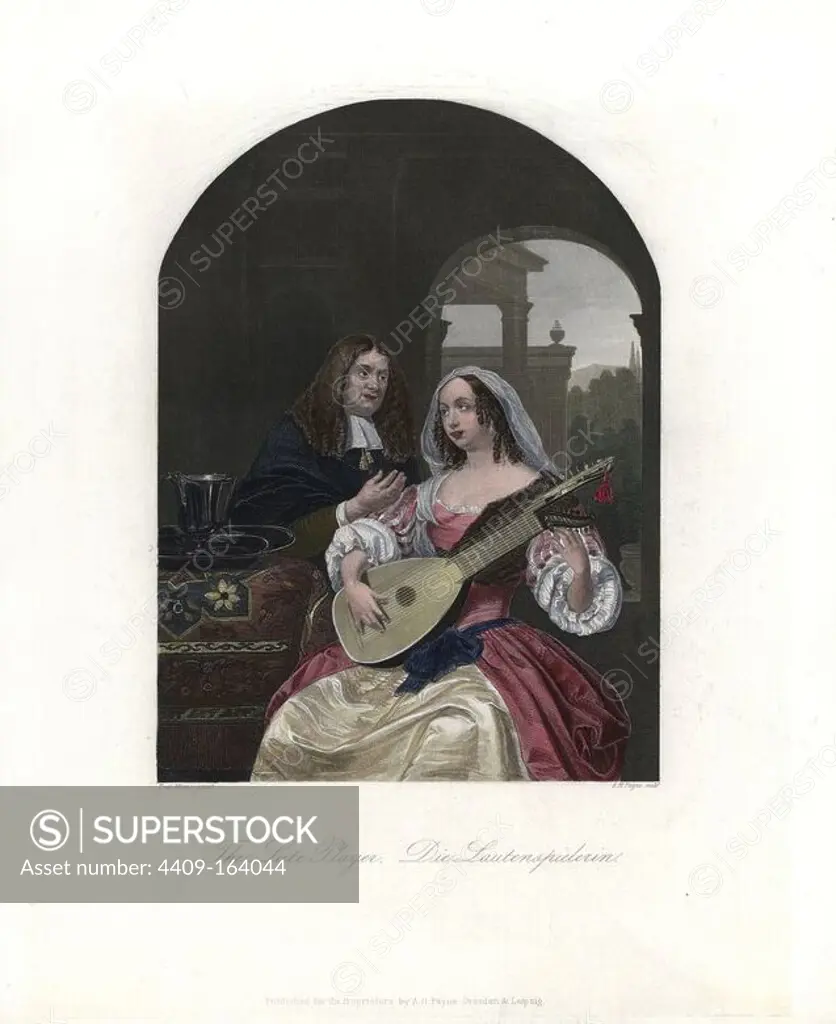 A woman tunes a 12-string French lute under the instruction of her tutor (perhaps Professor Sylvius). The lute player by Franz van Mieris, 17th century Dutch master. Handcoloured steel engraving engraved by Albert Henry Payne, Dresden and Leipzig, circa 1850.