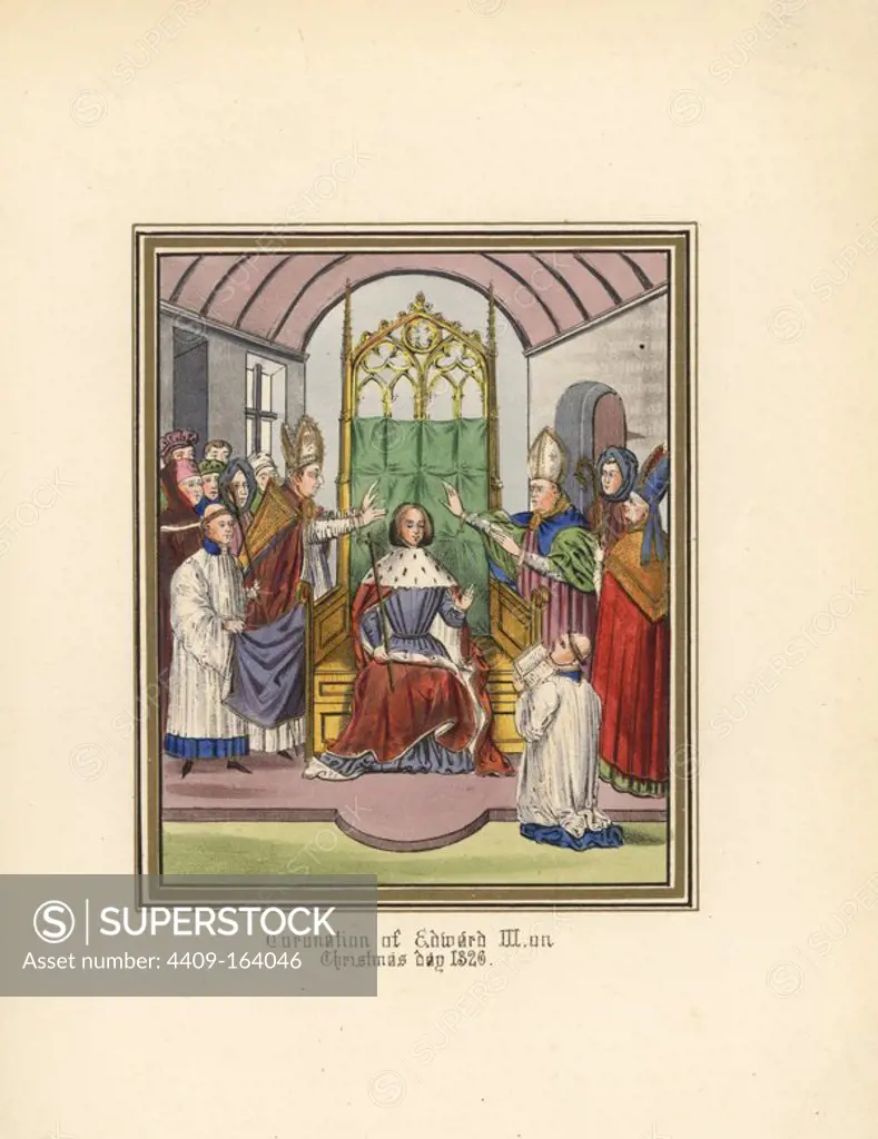 The coronation of King Edward III on Christmas Day 1326 in Westminster Palace. Handcoloured lithograph after an illuminated manuscript from Sir John Froissart's "Chronicles of England, France, Spain and the Adjoining Countries, from the Latter Part of the Reign of Edward II to the Coronation of Henry IV," George Routledge, London, 1868.