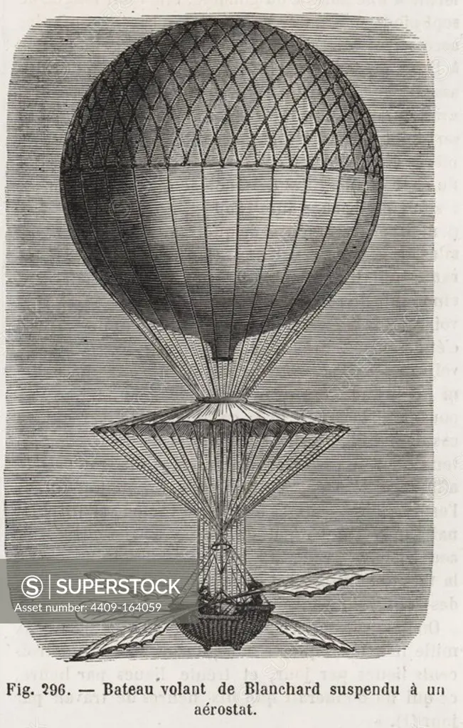 Jean-Pierre Blanchard's balloon with flying boat, wings and rudder. Woodblock engraving from Louis Figuier's "Les Merveilles de la Science: Aerostats" (Marvels of Science: Air Balloons), Furne, Jouvet et Cie, Paris, 1868.