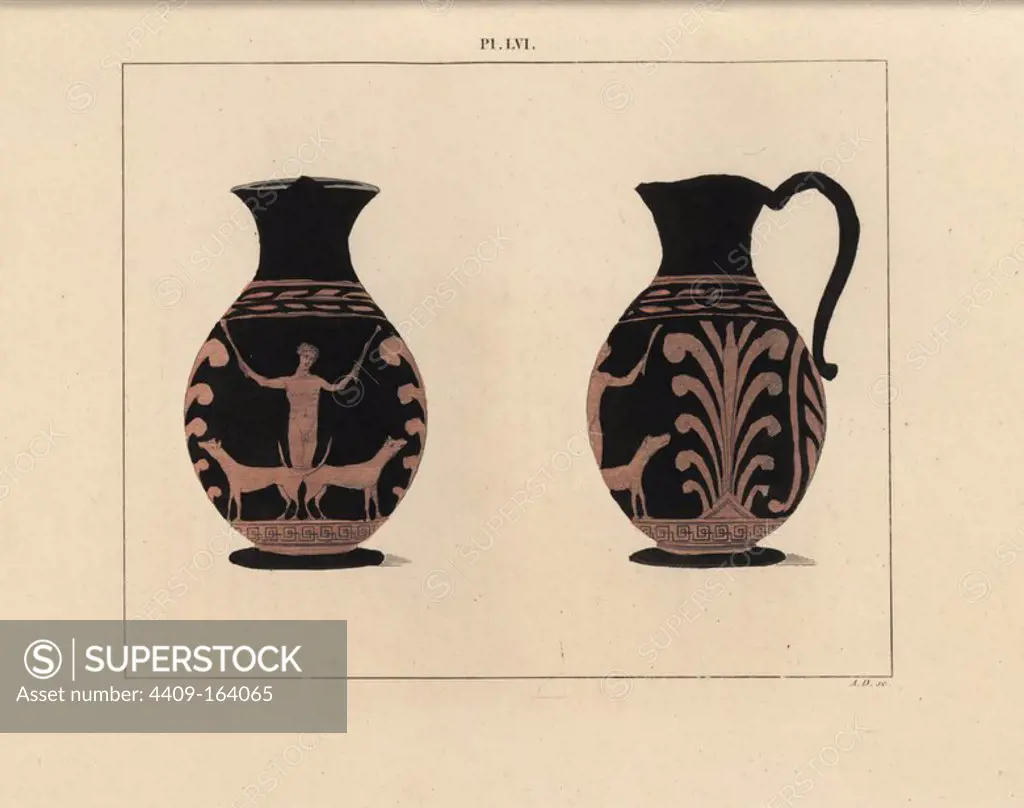 Etruscan Nasiterne vase from Nola, decorated with an image of a youth beating two mating dogs with sticks. Handcoloured lithograph by A. Delvaux from Cesar Famin's "Musee royal de Naples (The Royal Museum at Naples)," Abel Ledoux, Paris, 1836. This rare volume is a catalog of the collection of erotic paintings, bronzes and statues excavated in Pompeii and Herculaneum and stored in a Secret Cabinet at Naples.