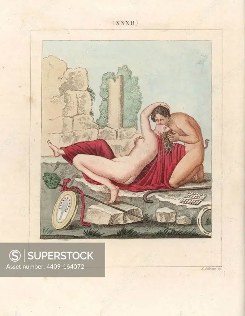 Fresco from Herculaneum. A faun kisses a bacchante. At her feet are a pastoral crook (pedum), seven-reed flute (syrinx), thyrsus (staff), cercle sans fond, and rattle-drum (tympanum) painted with a cistrum (rattle). Handcoloured lithograph by A. Delvaux from Cesar Famin's "Musee royal de Naples (The Royal Museum at Naples)," Abel Ledoux, Paris, 1836. This rare volume is a catalog of the collection of erotic paintings, bronzes and statues excavated in Pompeii and Herculaneum and stored in a Secret Cabinet at Naples.