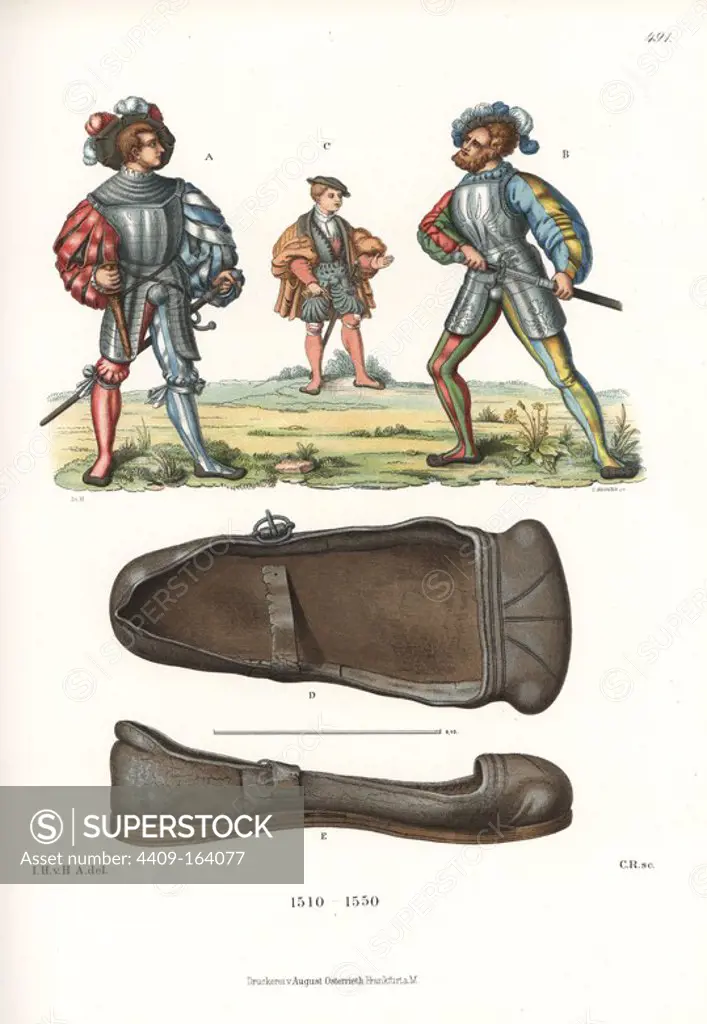Costumes of Landsknechte or German mercenaries (A,B), and young nobleman (C), first half of 16th century, from an old coloured illustration. They wear colourful, quilted, slashed and striped clothes, armour and codpiece. Example of actual leather shoe of the era (D,E). Chromolithograph from Hefner-Alteneck's "Costumes, Artworks and Appliances from the Middle Ages to the 17th Century," Frankfurt, 1889. Illustration by Dr. Jakob Heinrich von Hefner-Alteneck, lithographed by C. Regnier. Dr. Hefner-Alteneck (1811 - 1903) was a German museum curator, archaeologist, art historian, illustrator and etcher.