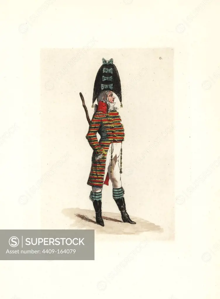 Costume of Malicorne, police agent of the Dutart school. He wears a striped jacket in Scottish wool with high collar, goatskin boots, claque (cocked hat) with Scottish bows, and carries a large stick. Handcoloured etching by Auguste Etienne Guillaumot Jr. from "Costumes of the Directory," Rouquette, Paris, 1875. The etchings were made from designs by Eugene Lacoste and Draner after prints of the era 1795-99. The costumes are from theatre productions "Merveilleuses" and "Pres Saint-Gervais" by Victorien Sardou.