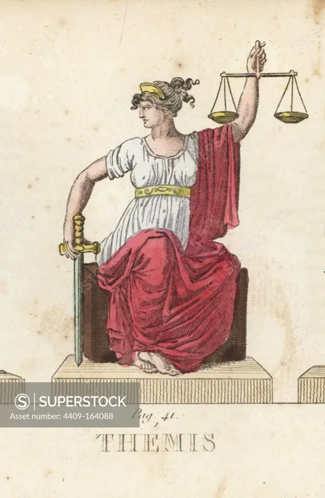 Themis, Greek goddess of divine law and justice, with scales and sword. Handcoloured copperplate engraving engraved by Jacques Louis Constant Lacerf after illustrations by Leonard Defraine from "La Mythologie en Estampes" (Mythology in Prints, or Figures of Fabled Gods), Chez P. Blanchard, Paris, c.1820.