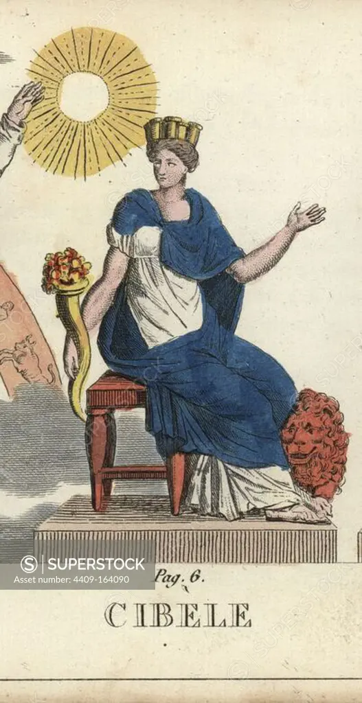 Cybele or Rhea, Roman great mother seated on a chair holding a cornucopia. Handcoloured copperplate engraving engraved by Jacques Louis Constant Lacerf after illustrations by Leonard Defraine from "La Mythologie en Estampes" (Mythology in Prints, or Figures of Fabled Gods), Chez P. Blanchard, Paris, c.1820.