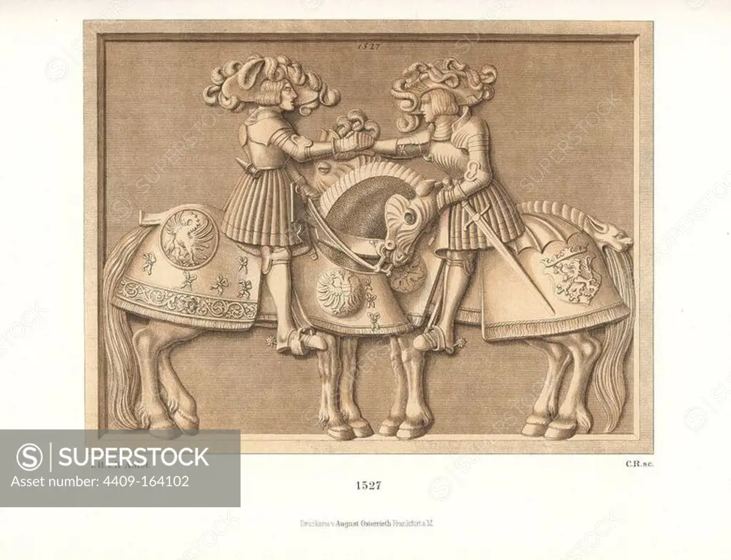 Two knights in armour shaking hands on horseback, with coats of arms on their horse covers identifying them as Holy Roman Emperor Charles V and his brother Ferdinand, 16th century. Stone carving dated 1527. Chromolithograph from Hefner-Alteneck's "Costumes, Artworks and Appliances from the Middle Ages to the 17th Century," Frankfurt, 1889. Illustration by Dr. Jakob Heinrich von Hefner-Alteneck, lithographed by C. Regnier. Dr. Hefner-Alteneck (1811 - 1903) was a German museum curator, archaeologist, art historian, illustrator and etcher.