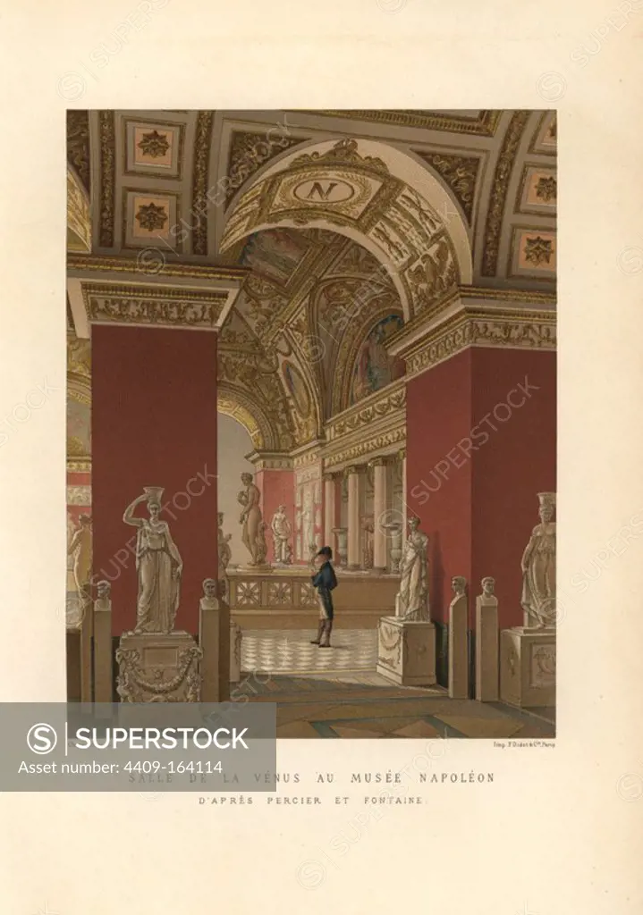 The room of Venus in the Musee Napoleon (now the Louvre), 1810. Room and corridors under arched ceilings with Napoleon's "N" mark, crowded with classical Greek and Roman statues. Drawn by Percier and Fontaine, lithograph by Charpentier. Chromolithograph from Paul Lacroix's "Directoire, Consulat et Empire," Paris, 1884.