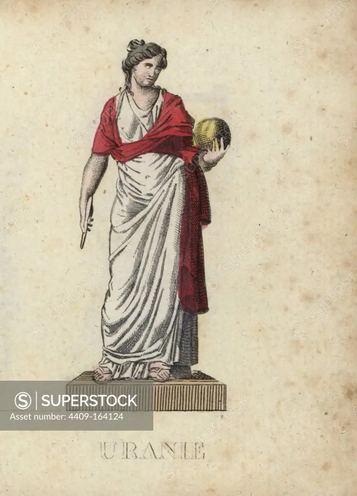 Urania, Greek muse of astronomy, with globe and compass. Handcoloured copperplate engraving engraved by Jacques Louis Constant Lacerf after illustrations by Leonard Defraine from "La Mythologie en Estampes" (Mythology in Prints, or Figures of Fabled Gods), Chez P. Blanchard, Paris, c.1820.
