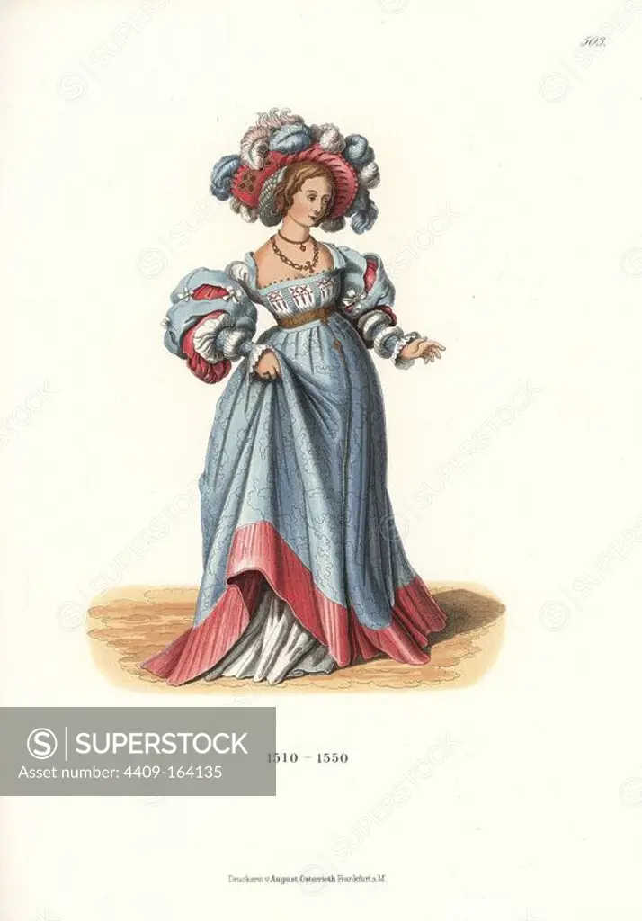 Costume of a Swiss noble woman, first half of the 16th century. She wears a large bonnet decorated with feathers, a low-cut bodice, puffed, slashed sleeves, full skirt over petticoat. Her neck is ornamented with a choker and necklace with cross. From a wall painting by Hans Holbein in Basle town hall. Chromolithograph from Hefner-Alteneck's "Costumes, Artworks and Appliances from the Middle Ages to the 17th Century," Frankfurt, 1889. Dr. Hefner-Alteneck (1811-1903) was a German museum curator, archaeologist, art historian, illustrator and etcher.