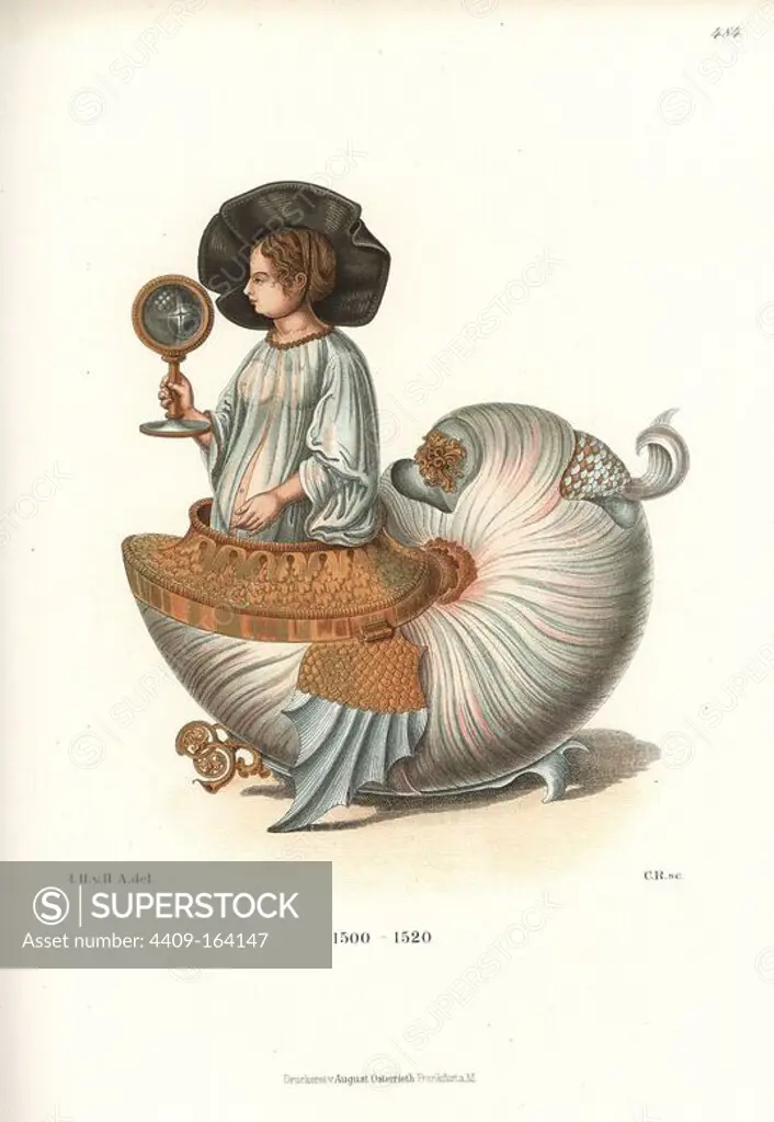 Winged nautilus shell with a woman's figure fashioned by a goldsmith, 16th century. The shell is polished to reveal the rainbow sheen of mother of pearl, and decorated with gold and silver. The pregnant woman wears a large hat, transparent smock and holds a mirror. From a painting on parchment in the castle library at Aschaffenburg. Chromolithograph from Hefner-Alteneck's "Costumes, Artworks and Appliances from the Middle Ages to the 17th Century," Frankfurt, 1889. Illustration by Dr. Jakob Heinrich von Hefner-Alteneck, lithographed by C. Regnier. Dr. Hefner-Alteneck (1811 - 1903) was a German museum curator, archaeologist, art historian, illustrator and etcher.