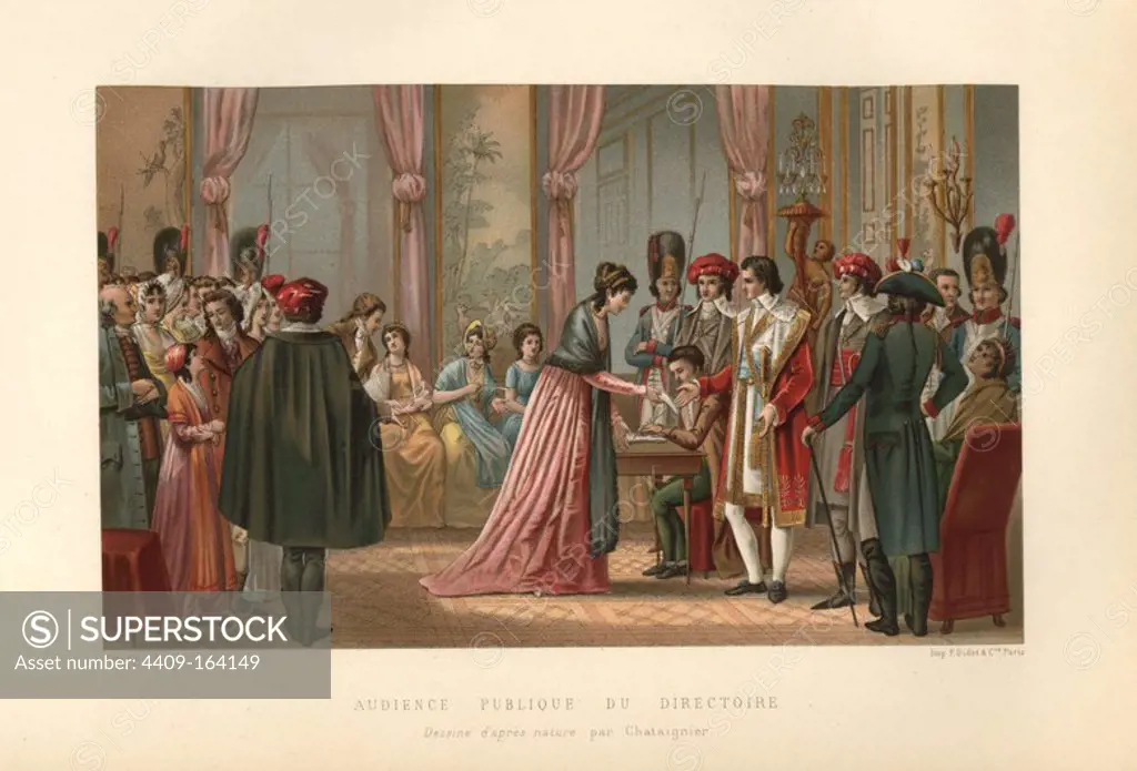 Public audience with the Directoire, Paris, 1800. A woman presents a letter to a secretary and other officials of the Directory while soldiers and citizens watch. Illustration drawn by Chataignier, chromolithograph by Brandin from Paul Lacroix's "Directoire, Consulat et Empire," Paris, 1884.