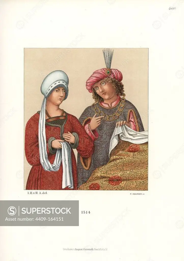 Fashion of German nobility of the early 16th century, man in turban with beads and clasp, and woman in a bonnet with a long tail that hangs over the shoulder. From an oil painting in St. Elisabeth's church, Marburg. Chromolithograph from Hefner-Alteneck's "Costumes, Artworks and Appliances from the Middle Ages to the 17th Century," Frankfurt, 1889. Illustration by Dr. Jakob Heinrich von Hefner-Alteneck, lithographed by C. Regnier. Dr. Hefner-Alteneck (1811 - 1903) was a German museum curator, archaeologist, art historian, illustrator and etcher.