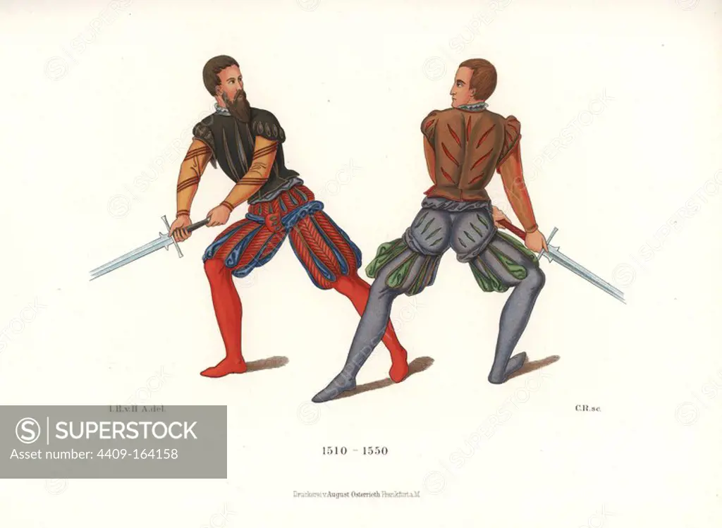 Swordfight by fencers with two-handed swords, 16th century. They wear slashed doublets over slashed culottes and stockings and codpieces. From Joachim Meyer's "Thorough Descriptions of the Art of Fencing," 1561. Chromolithograph from Hefner-Alteneck's "Costumes, Artworks and Appliances from the Middle Ages to the 17th Century," Frankfurt, 1889. Illustration by Dr. Jakob Heinrich von Hefner-Alteneck, lithographed by C. Regnier. Dr. Hefner-Alteneck (1811 - 1903) was a German museum curator, archaeologist, art historian, illustrator and etcher.