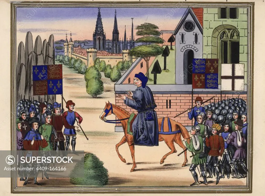 John Ball, Lollard priest, on horseback, encouraging Wat Tyler (far left) and his rebels during the Peasants' Revolt of 1381. Banners of England and St. George. Handcoloured lithograph after an illuminated manuscript from Sir John Froissart's "Chronicles of England, France, Spain and the Adjoining Countries, from the Latter Part of the Reign of Edward II to the Coronation of Henry IV," George Routledge, London, 1868.