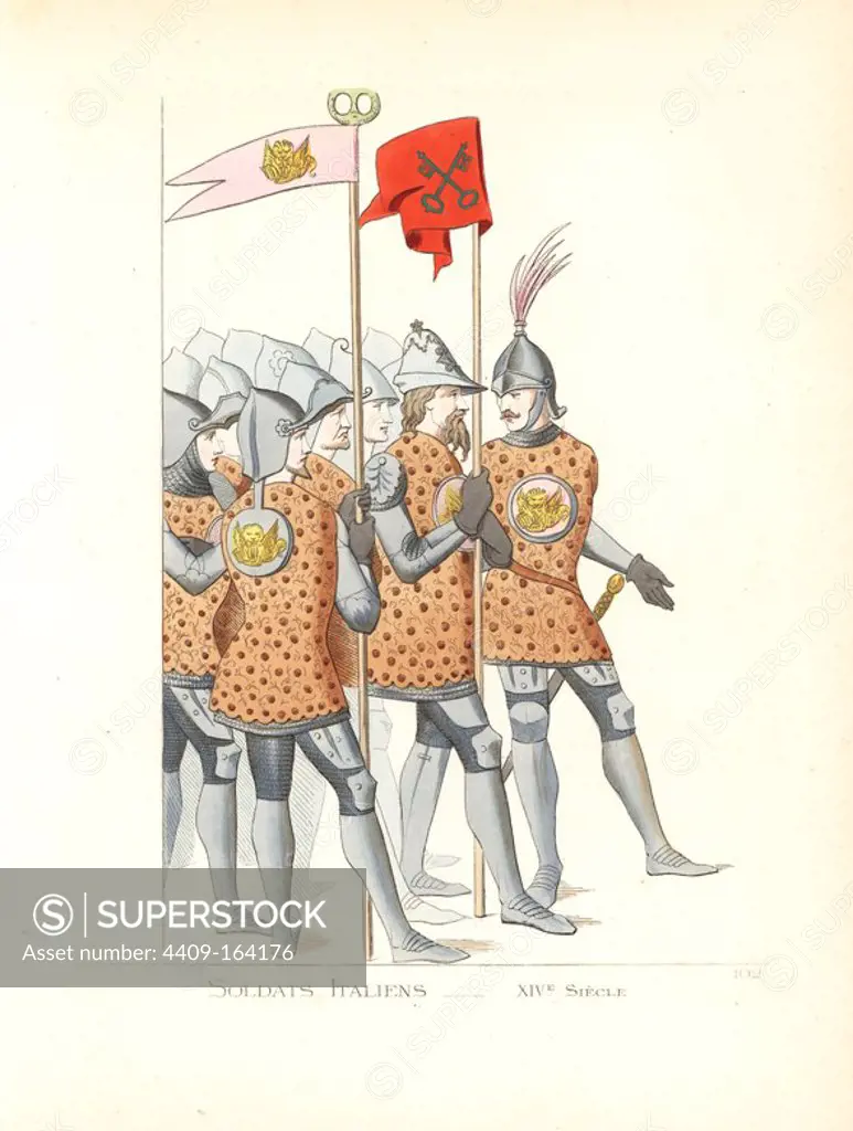 Uniforms of Italian soldiers, 14th century. The wear tunics in Siena brown with coats of arms of Saint Mark (gold lion on red field), over suits of armour. The soldier with the banner of the church (two keys on a red field) wears a white helmet decorated with silver. From a fresco by Spinello Aretino in the Palazzo Pubblico, Siena, depicting Pope Alexander III presenting the Doge of Venice with a sword to fight Frederick Barbarossa. Handcoloured illustration drawn and lithographed by Paul Mercuri with text by Camille Bonnard from "Historical Costumes from the 12th to 15th Centuries," Levy Fils, Paris, 1861.