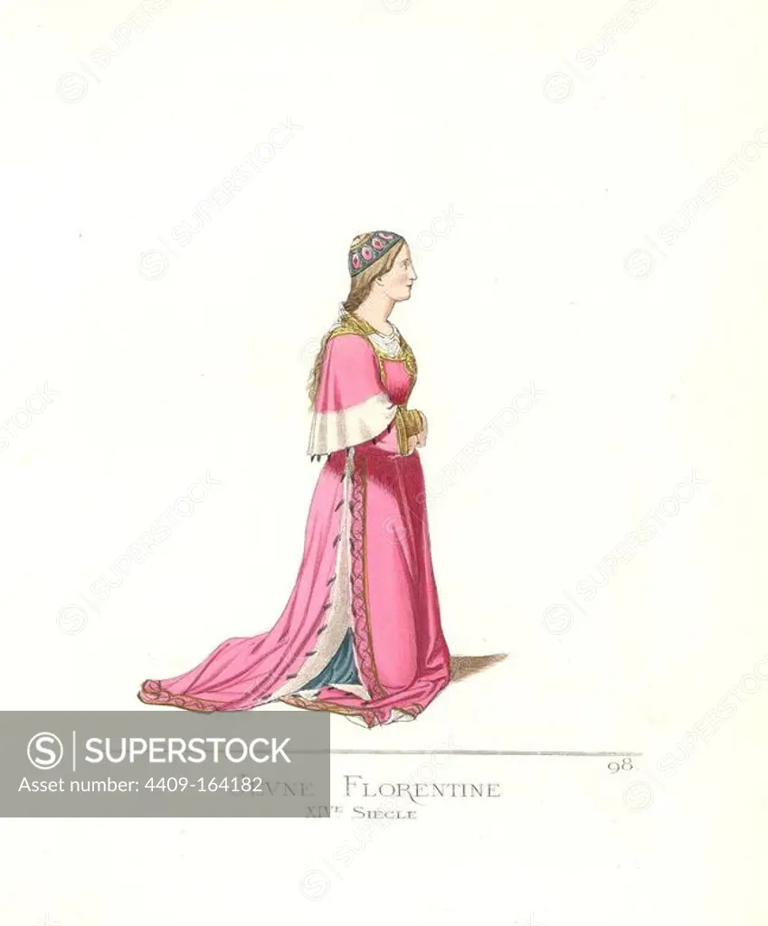 Costume of a young woman of Florence, 14th century. She wears a small bonnet over loose hair, a white veil embroidered with gold, a red simar (cassock) bordered with ermine, and a blue dress with gold sleeves. From a painting by Taddeo Gaddi in the Basilica di Santa Croce, Florence. Handcoloured illustration drawn and lithographed by Paul Mercuri with text by Camille Bonnard from "Historical Costumes from the 12th to 15th Centuries," Levy Fils, Paris, 1861.