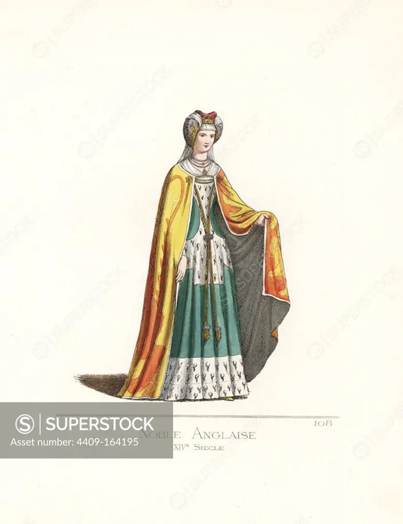 Costume of an English noblewoman, 14th century. She wears a headdress red crown and violet ear covers, white veil, cape decorated with heraldic lions, green dress trimmed with ermine. From the sepulchral stone of Joyeuese Tiptoft in a church in Enfield, died 1446. Handcoloured illustration drawn and lithographed by Paul Mercuri with text by Camille Bonnard from "Historical Costumes from the 12th to 15th Centuries," Levy Fils, Paris, 1861.