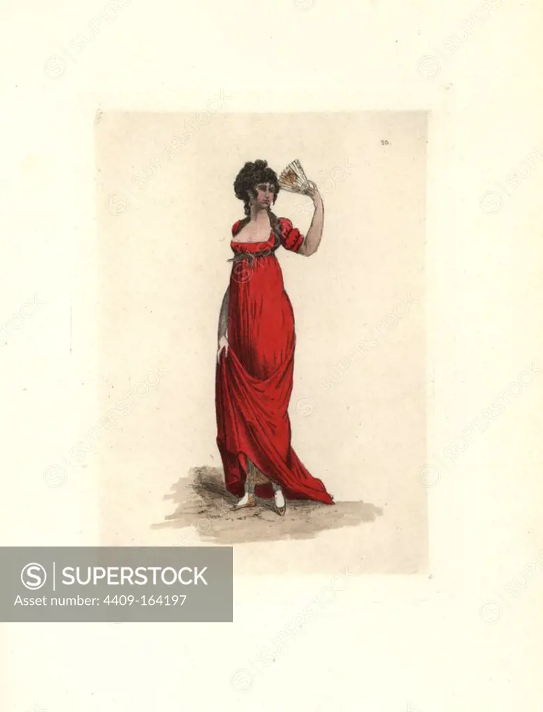 Costume of a lower-class merveilleuse, habitue of the galeries de bois of the Palais Royale. She wears a low-cut dress of nankinette cotton and puff sleeves not seen in fashion for a decade. Handcoloured etching by Auguste Etienne Guillaumot Jr. from "Costumes of the Directory," Rouquette, Paris, 1875. The etchings were made from designs by Eugene Lacoste and Draner after prints of the era 1795-99. The costumes are from theatre productions "Merveilleuses" and "Pres Saint-Gervais" by Victorien Sardou.