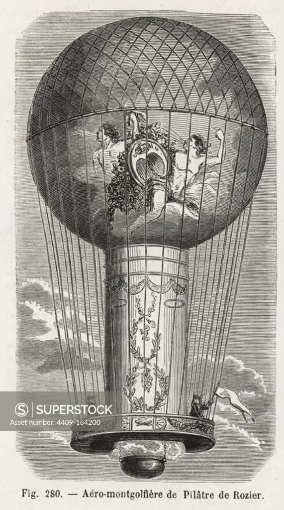 Pilatre de Rozier's manned Montgolfier balloon. Woodblock engraving from Louis Figuier's "Les Merveilles de la Science: Aerostats" (Marvels of Science: Air Balloons), Furne, Jouvet et Cie, Paris, 1868.