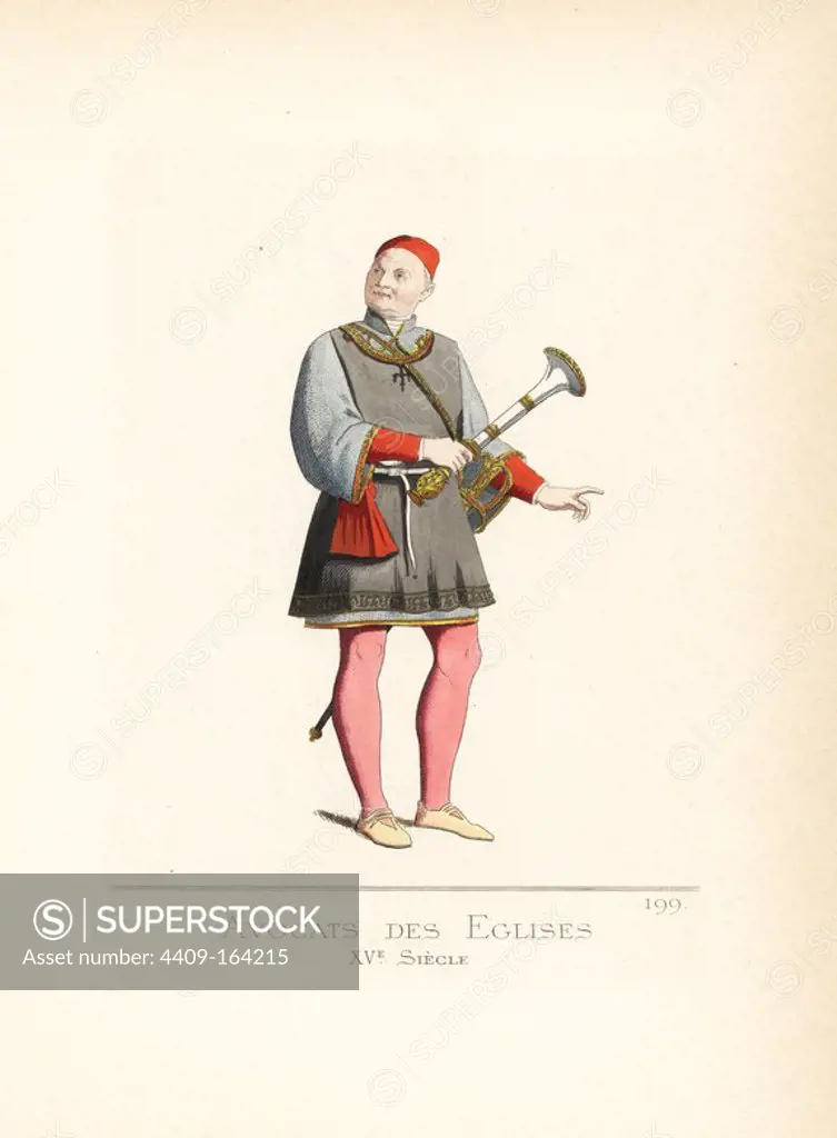Costume of a secular lawyer to the church, 15th century. He wears a red cap, black robe over chainmail tunic, red doublet, white shirt, stockings and shoes. These lawyers often had to fight for their clients and hence he is armed with a mace and sword. From the painting "Triumph of St Thomas Aquinas over the Heretics" by Filippino Lippi in the church of Santa Maria sopra Minerva, Rome. Handcoloured illustration drawn and lithographed by Paul Mercuri with text by Camille Bonnard from "Historical Costumes from the 12th to 15th Centuries," Levy Fils, Paris, 1861.