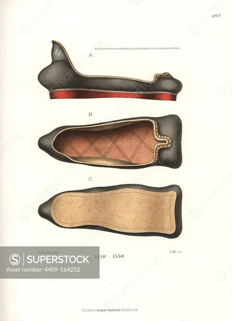 Right shoe from a pair made for Holy Roman Emperor Matthias II, first half of the 16th century. Leather squared-toed shoe with a black upper, brown inner, and red sole edge. Chromolithograph from Hefner-Alteneck's "Costumes, Artworks and Appliances from the Middle Ages to the 17th Century," Frankfurt, 1889. Illustration by Dr. Jakob Heinrich von Hefner-Alteneck, lithographed by J.M. Dr. Hefner-Alteneck (1811 - 1903) was a German museum curator, archaeologist, art historian, illustrator and etcher.