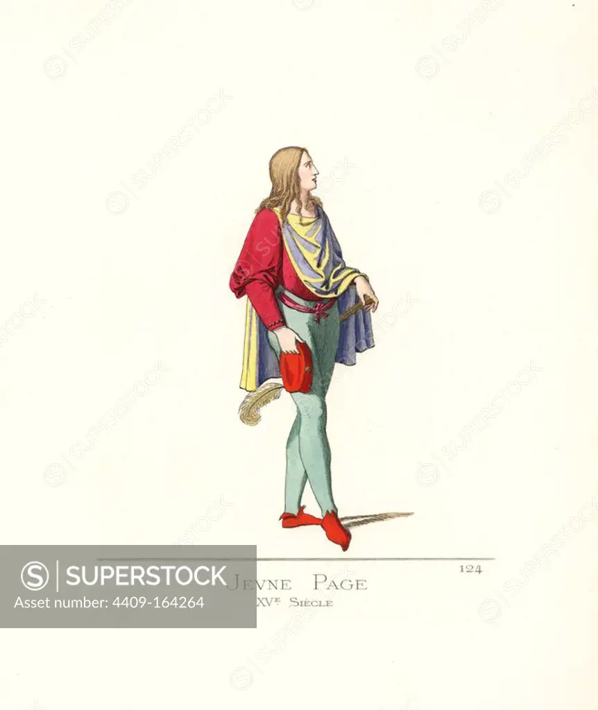 Young page boy, 15th century. He wears a gold two-tone cape, red tabard, scarlet toque, green stockings and red cracows (pointed shoes a la poulaine). From a fresco by Pinturicchio in the Piccolomini Library, Siena, Italy. Handcoloured illustration drawn and lithographed by Paul Mercuri with text by Camille Bonnard from "Historical Costumes from the 12th to 15th Centuries," Levy Fils, Paris, 1861.