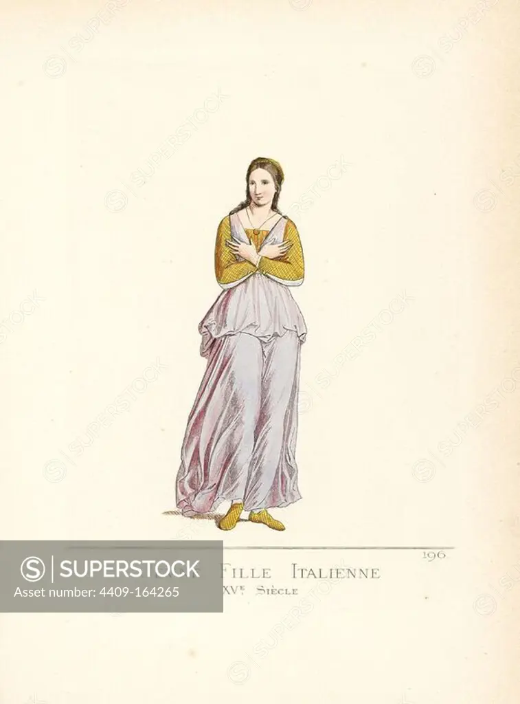 Young Italian woman in dress inspired by antique statues, 15th century. Under a small veil, she wears her long hair loose to the shoulders, a sign that she is unmarried. The violet gauze dress is fastened at the shoulders with gold clasps, bunched at the hip, then falls to the feet. Her sleeved bodice and shoes are in gold fabric. From a portrait by Pinturicchio. Handcoloured illustration drawn and lithographed by Paul Mercuri with text by Camille Bonnard from "Historical Costumes from the 12th to 15th Centuries," Levy Fils, Paris, 1861.
