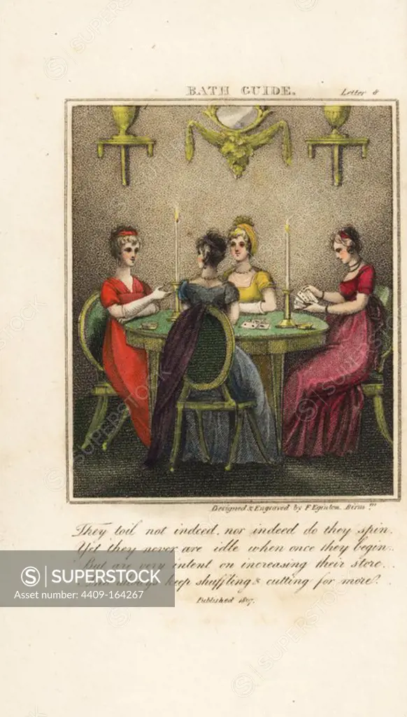 Four fashionable Regency ladies playing cards in a candlelit interior. Handcoloured copperplate engraving by Francis Eginton from Christopher Anstey's "The New Bath Guide," John Browne, 1807.