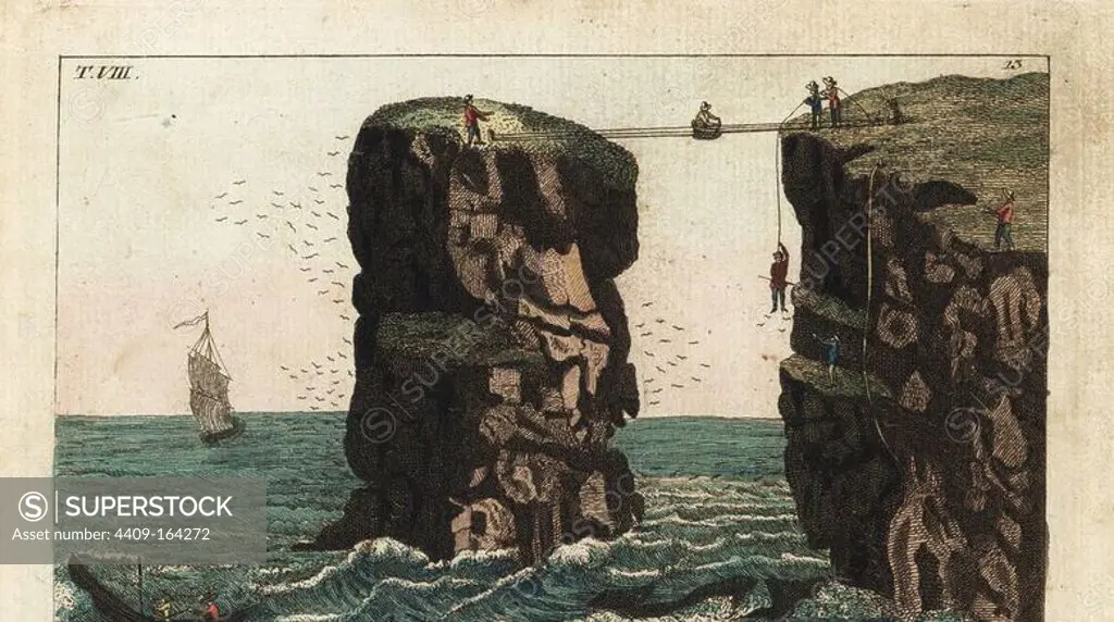 Orkney islanders hunting birds and eggs on the cliff face. Handcolored copperplate engraving from G. T. Wilhelm's "Encyclopedia of Natural History: Mankind," Augsburg, 1804. Gottlieb Tobias Wilhelm (1758-1811) was a Bavarian clergyman and naturalist known as the German Buffon.