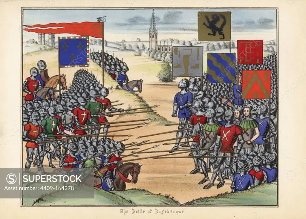 The battle of Rosebecque (Roosebeke) 1382 between the royal army of King Charles VI of France and Flemish militiamen commanded by Philip Van Artevelde. Handcoloured lithograph after an illuminated manuscript from Sir John Froissart's "Chronicles of England, France, Spain and the Adjoining Countries, from the Latter Part of the Reign of Edward II to the Coronation of Henry IV," George Routledge, London, 1868.