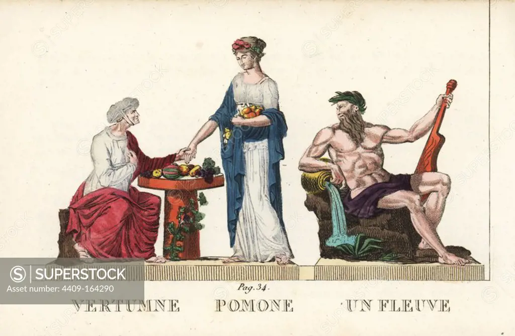 Vertumnus, Pomona and a Greek river god, classical gods of the seasons, fruit and rivers. Handcoloured copperplate engraving engraved by Jacques Louis Constant Lacerf after illustrations by Leonard Defraine from "La Mythologie en Estampes" (Mythology in Prints, or Figures of Fabled Gods), Chez P. Blanchard, Paris, c.1820.
