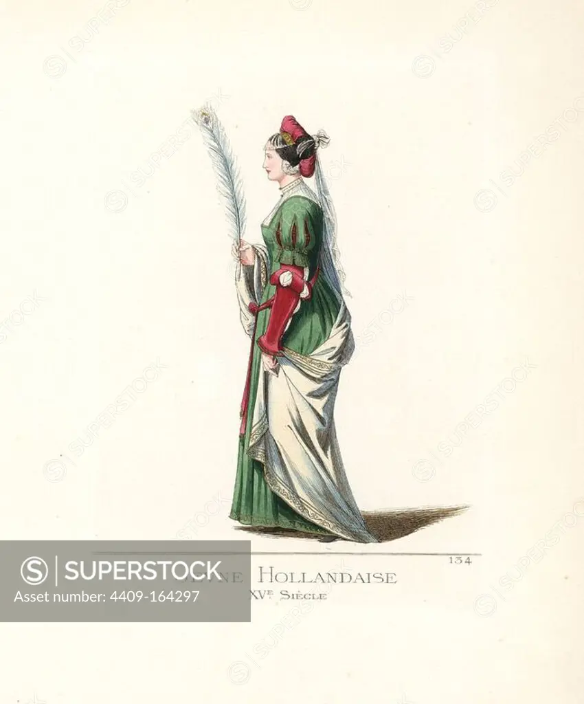 Costume of a young woman of Holland, 15th century. She wears a pink turban with long veil, white blouse, white cape, and green dress with crimson velvet sleeves. She holds a peacock feather in her hand. From a painting by Lucas van Leyden in the Academy of Fine Arts, Pisa. Handcoloured illustration drawn and lithographed by Paul Mercuri with text by Camille Bonnard from "Historical Costumes from the 12th to 15th Centuries," Levy Fils, Paris, 1861.