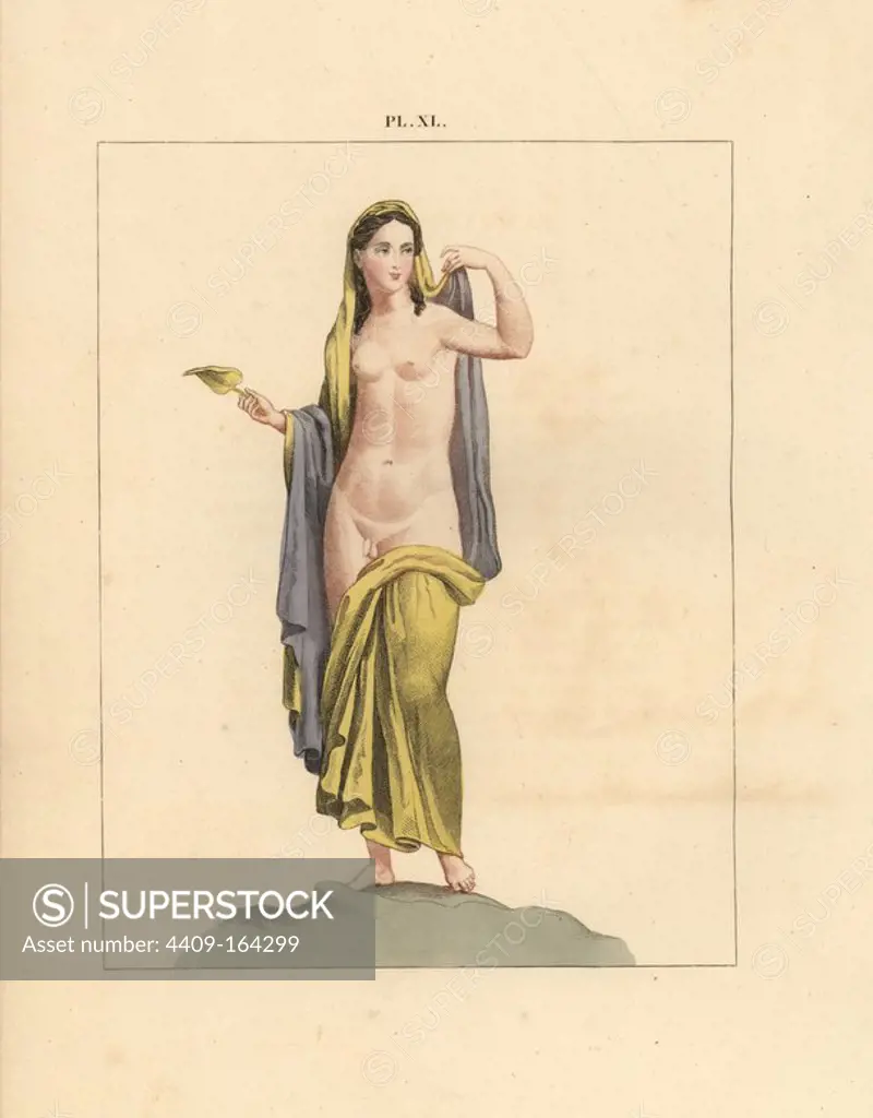 Fresco from Pompeii. Hermaphrodite holding a waterlily leaf gracefully raises the mantle to reveal male and female characteristics. Handcoloured lithograph from Cesar Famin's "Musee royal de Naples (The Royal Museum at Naples)," Abel Ledoux, Paris, 1836. This rare volume is a catalog of the collection of erotic paintings, bronzes and statues excavated in Pompeii and Herculaneum and stored in a Secret Cabinet at Naples.