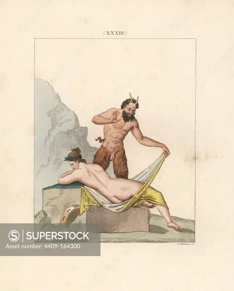 Fresco from Herculaneum: A satyr with erect phallus lifts the veil on a bacchante sleeping next to her tambour. Handcoloured lithograph by A. Delvaux from Cesar Famin's "Musee royal de Naples (The Royal Museum at Naples)," Abel Ledoux, Paris, 1836. This rare volume is a catalog of the collection of erotic paintings, bronzes and statues excavated in Pompeii and Herculaneum and stored in a Secret Cabinet at Naples.