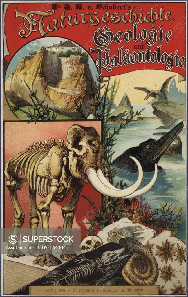 Title page with vignettes of dinosaurs, skeletons, fossils and rocks. Chromolithograph from Dr. Fr. Rolle's "Geology and Paleontology" section in Gotthilf Heinrich von Schubert's "Naturgeschichte," Schreiber, Munich, 1886.