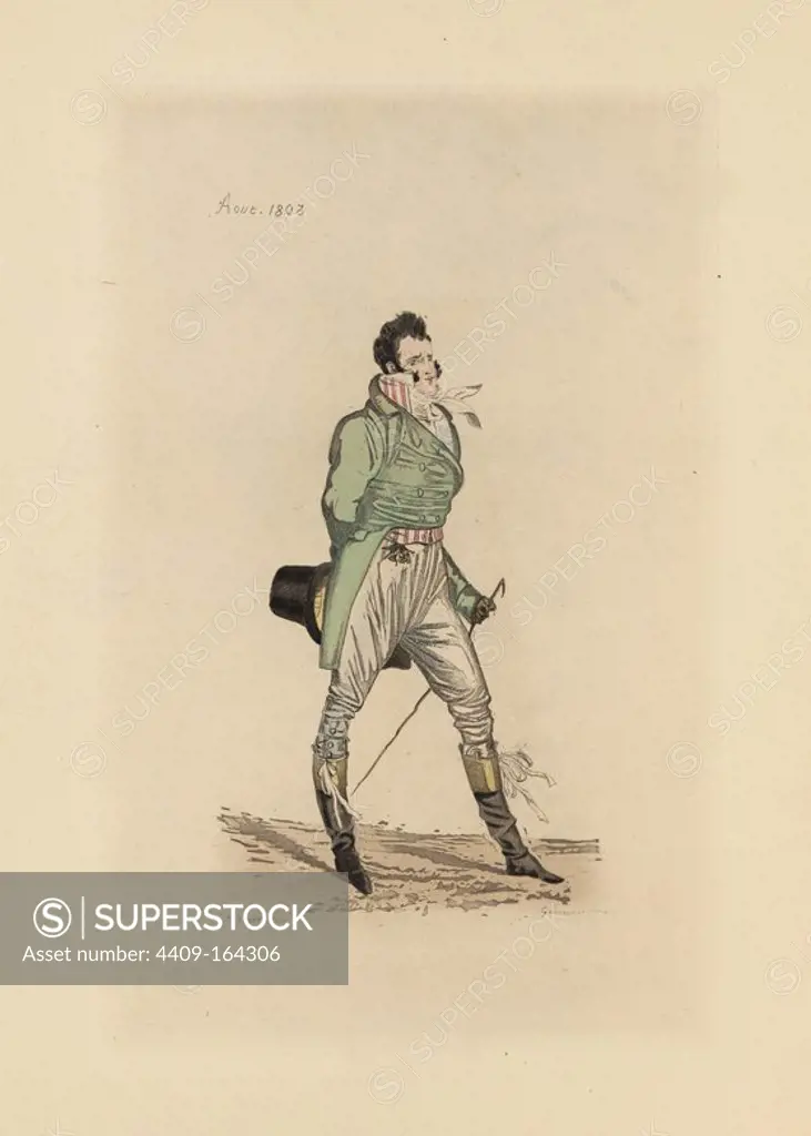 English man in the fashion of August 1803. He wears a rabbit-ear cravat, green jacket, and Casimir breeches, and boots. He carries a stick and top hat. Cravate a oreilles de lievre, habit vert saule, culotte de casimir. Handcoloured illustration by Horace Vernet, etching by Auguste Etienne Guillaumot Jr. from "English Costumes during the Revolution and First Empire, 1795-1806," Levy, Paris, 1879.