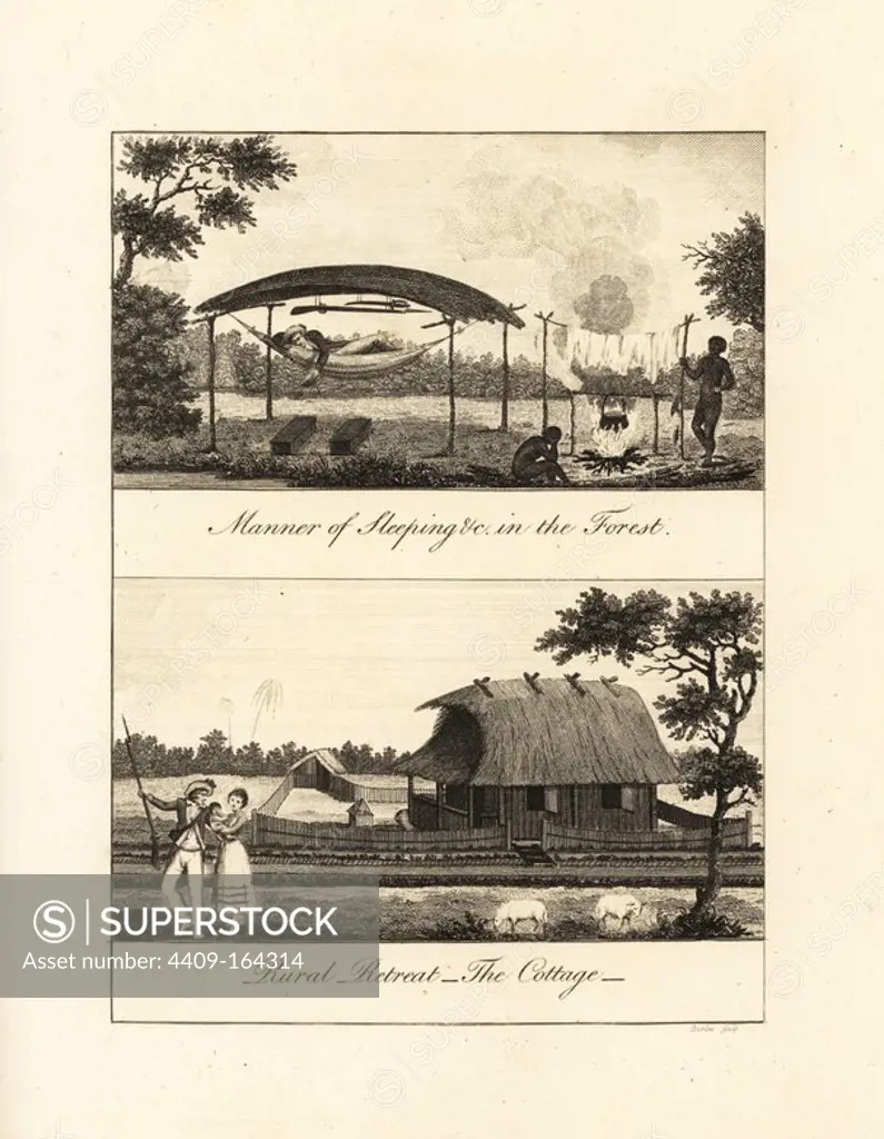 Manner of Sleeping in the Forest and Rural Retreat: The Cottage. A white planter sleeps in a hammock under a roof while slaves do the laundry and cook. A white soldier and his family stand in front of a hut. Copperplate engraving after an original illustration by Captain John Gabriel Stedman from his "Narrative of a Five Years' Expedition against the Revolted Negroes of Surinam," J. Johnson, London, 1813.