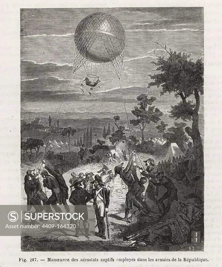 French Revolutionary Army soldiers using ropes to position tethered balloons during a battle, late 18th century. Woodblock engraving by Mes after A.B. from Louis Figuier's "Les Merveilles de la Science: Aerostats" (Marvels of Science: Air Balloons), Furne, Jouvet et Cie, Paris, 1868.