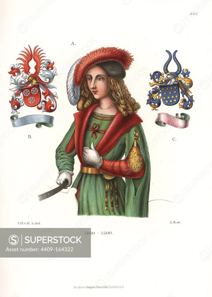 Costume of a young German nobleman, late 15th century, and coats of arms of the Dagefoerde and von Bulow families. Chromolithograph from Hefner-Alteneck's "Costumes, Artworks and Appliances from the Middle Ages to the 17th Century," Frankfurt, 1889. Illustration by Dr. Jakob Heinrich von Hefner-Alteneck, lithographed by C.B. Dr. Hefner-Alteneck (1811 - 1903) was a German museum curator, archaeologist, art historian, illustrator and etcher.