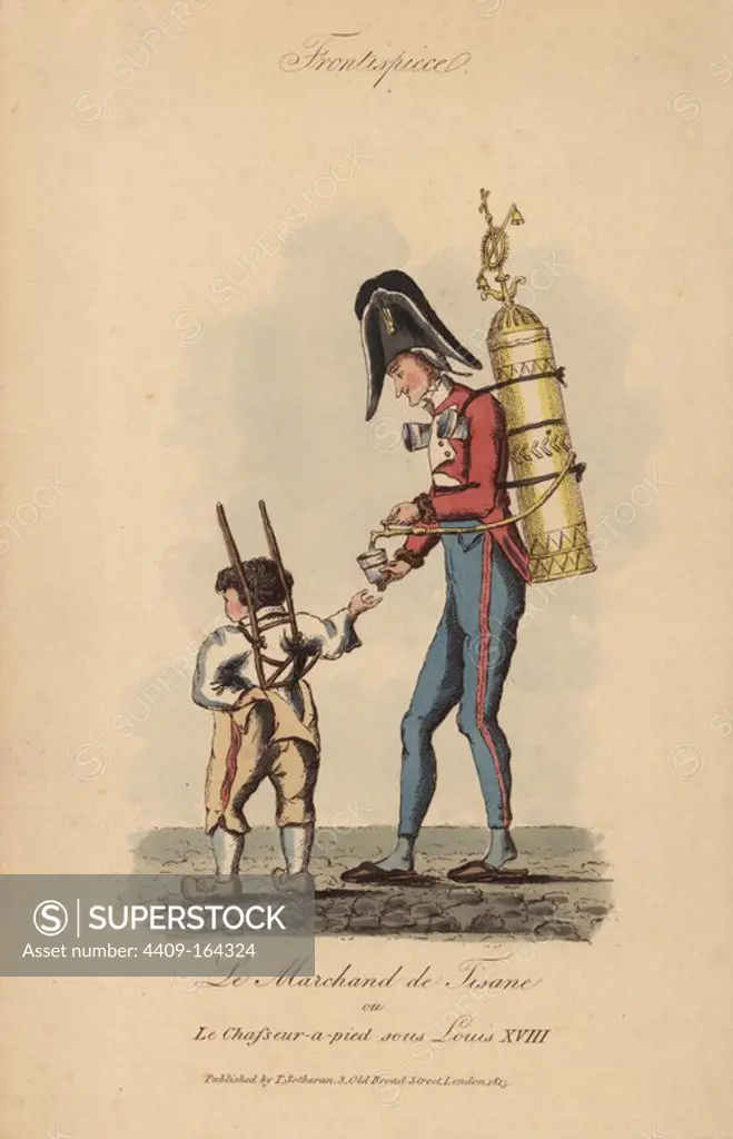 Itinerant seller of tissane with flask and cups, serving a drink to a small boy, Paris, 1815. Handcoloured copperplate engraving by M. S. from Benjamin Rotch's "Manners and Customs of the French," London, Sotheran, 1893.