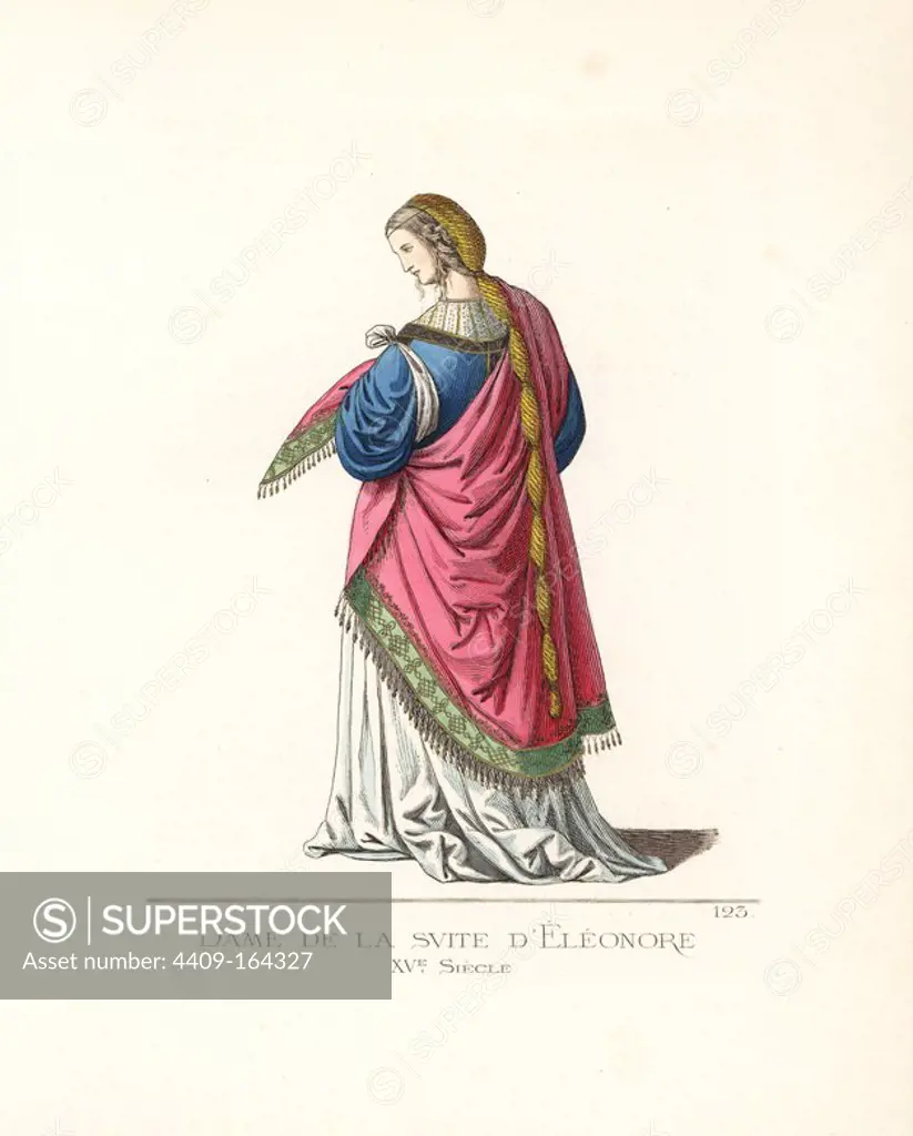 Lady in Waiting to Eleanor of Portugal, Holy Roman Empress. She wears her hair tied in gold, a white blouse, blue corset and sleeves open at the shoulder, white taffeta dress, and pink cape bordered with green. From a fresco by Pinturicchio and Raphael in Siena. Handcoloured illustration drawn and lithographed by Paul Mercuri with text by Camille Bonnard from "Historical Costumes from the 12th to 15th Centuries," Levy Fils, Paris, 1861.