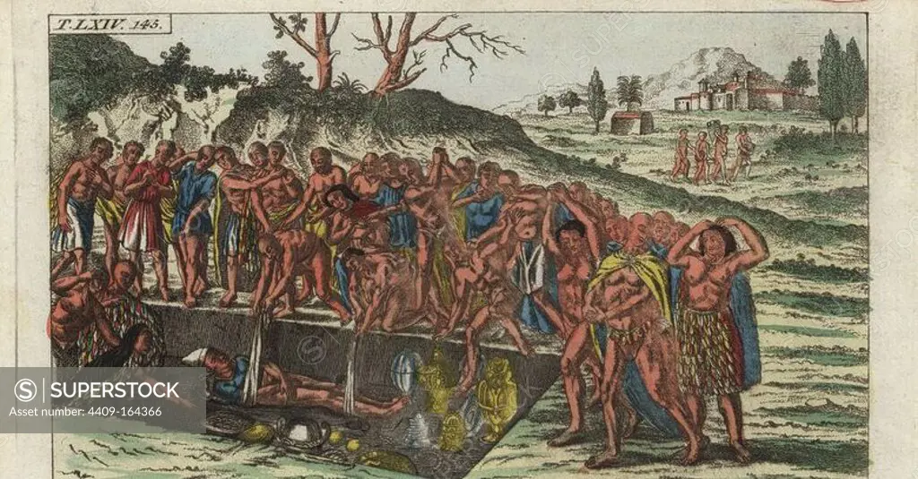 Funeral of an Inca king, Peru. Great numbers of wives and slaves are buried alive along with the royal corpse. Handcolored copperplate engraving from G. T. Wilhelm's "Encyclopedia of Natural History: Mankind," Augsburg, 1804. Gottlieb Tobias Wilhelm (1758-1811) was a Bavarian clergyman and naturalist known as the German Buffon.