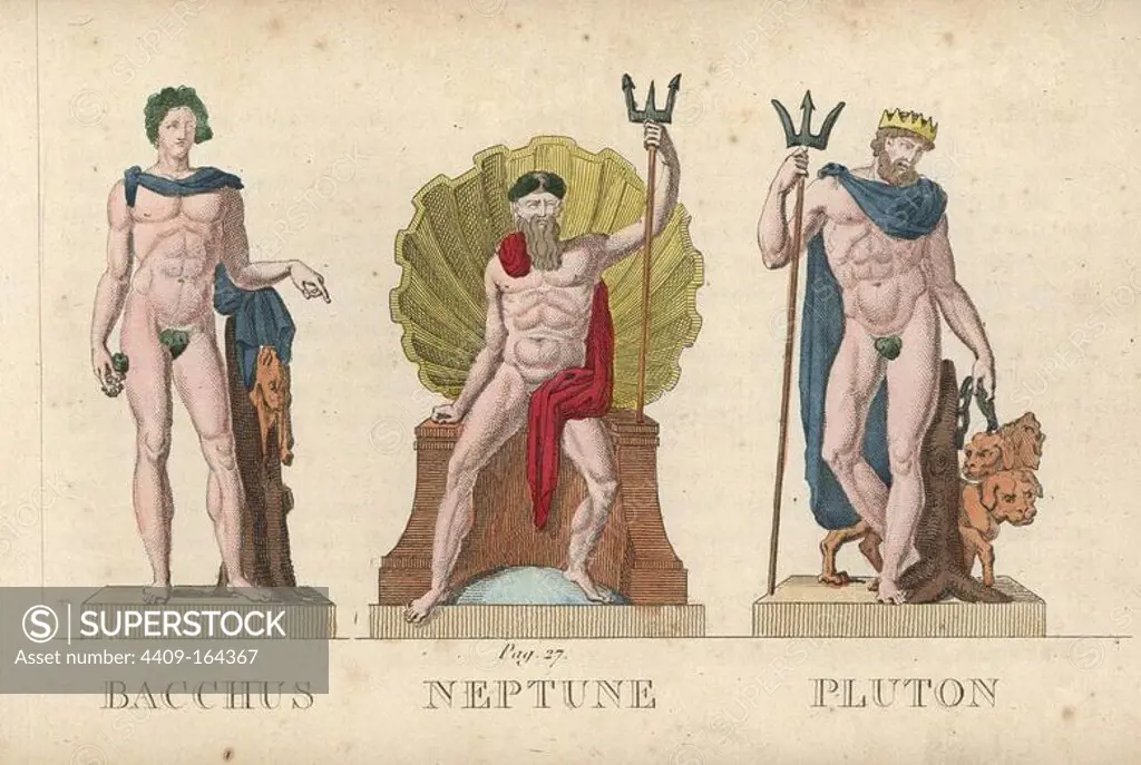 Bacchus, Neptune and Pluto, Roman gods of wine, the sea, and of the dead. Handcoloured copperplate engraving engraved by Jacques Louis Constant Lacerf after illustrations by Leonard Defraine from "La Mythologie en Estampes" (Mythology in Prints, or Figures of Fabled Gods), Chez P. Blanchard, Paris, c.1820.