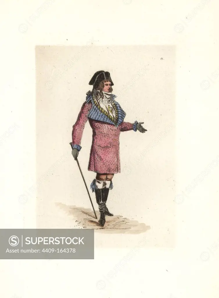 Costume of Dorlis, Muscadin in the fashion of 1796. He wears a small bicorn cocked hat, long jacket with huge lapels and cuffs, high-collar shirt, green cravat, breeches, garters, and grey gloves. He carries a stick. Handcoloured etching by Auguste Etienne Guillaumot Jr. from "Costumes of the Directory," Rouquette, Paris, 1875. The etchings were made from designs by Eugene Lacoste and Draner after prints of the era 1795-99. The costumes are from theatre productions "Merveilleuses" and "Pres Saint-Gervais" by Victorien Sardou.