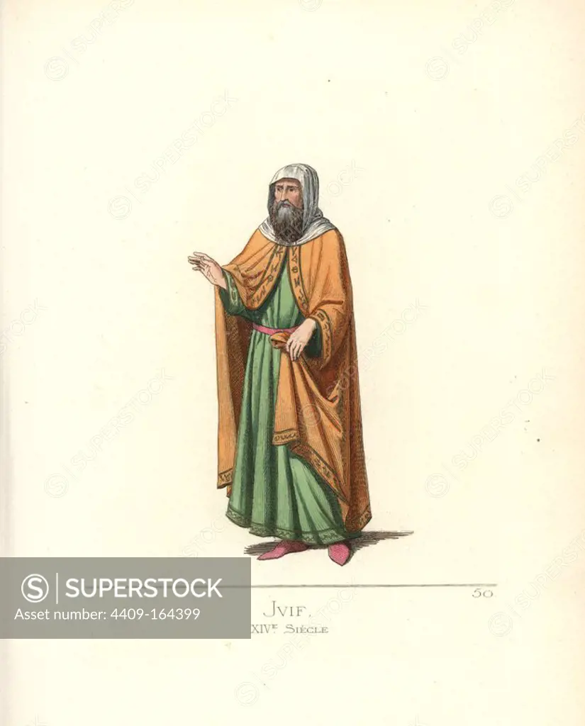 Jewish man, 14th century. He wears a white hood, yellow cape with gold embroidery, green robe, red belt and shoes. From a painting by Sano di Pietro in the Academy of Fine Arts, Siena. Handcoloured illustration drawn and lithographed by Paul Mercuri with text by Camille Bonnard from "Historical Costumes from the 12th to 15th Centuries," Levy Fils, Paris, 1860.